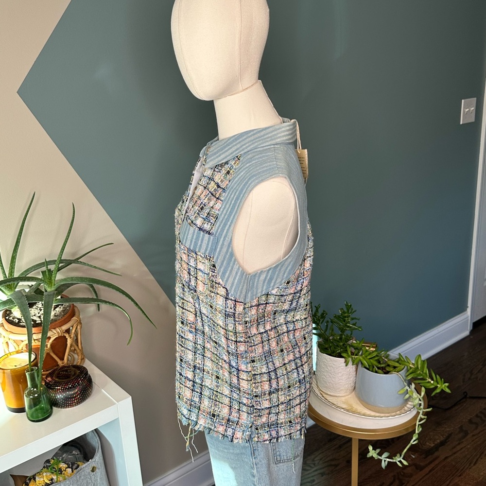 Mystree Tweed Sleeveless Vest NWT Boho Chic Cottagecore Raw Hem Button-Up Top S - Picture 5 of 14